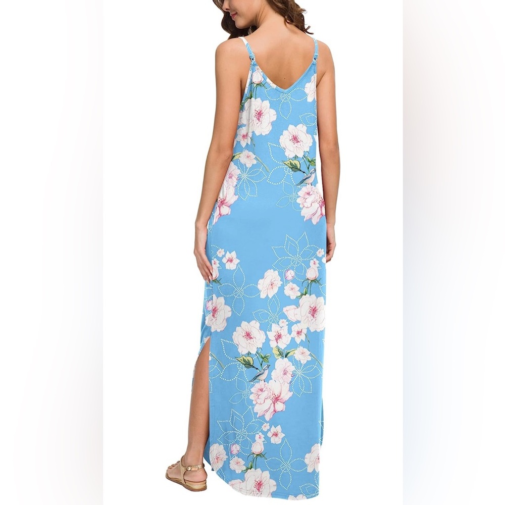 Women's Summer Light Blue Maxi Dress Long Side Pockets Double Side Slits Floral - Picture 3 of 10